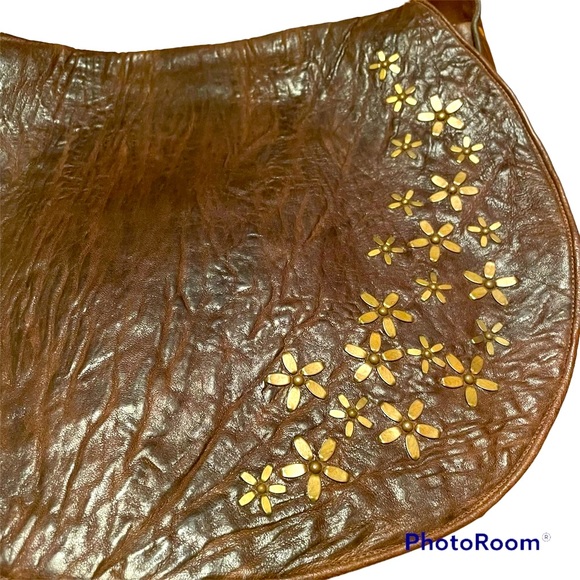 Calleen Cordero Flower Studded Brown Leather messenger bag with Adjustable Strap - Picture 2 of 12